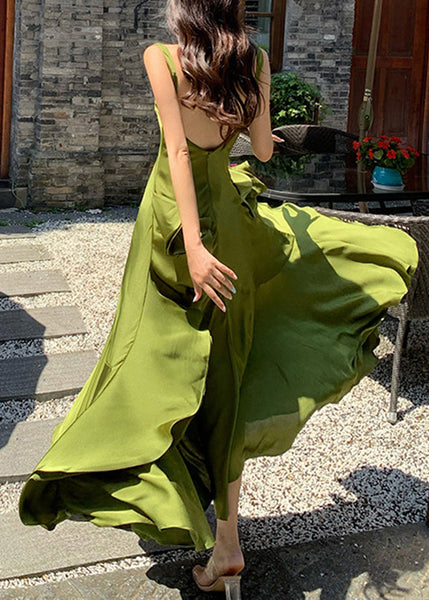 French Green Ruffled Patchwork Backless Silk Dress Sleeveless TT1007 shopify