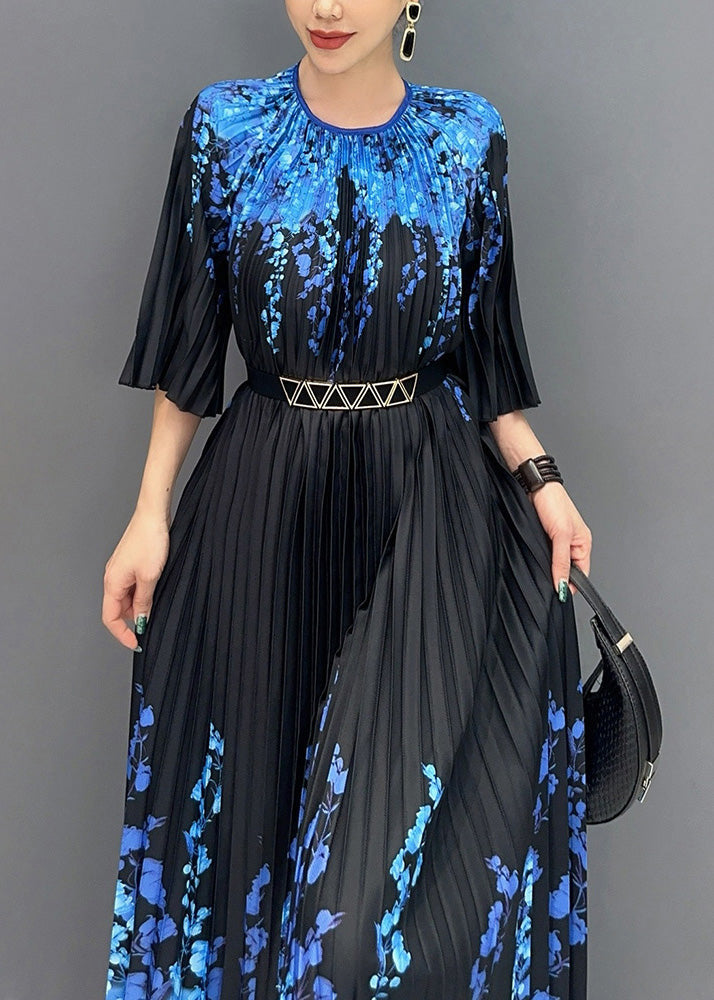 Fine Black O Neck Print Pleated Long Dresses Summer AO1006 JDML-SDL240909