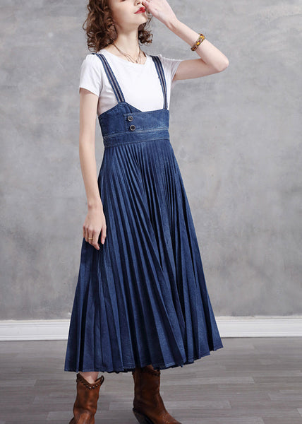 Stylish Blue Patchwork Spaghetti Strap Pleated Denim Dress Summer NN014 shopify