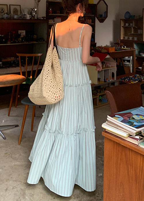 Elegant Striped Ruffled High Waist Cotton Spaghetti Strap Dress Sleeveless AZ1037 shopify
