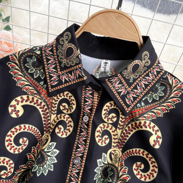 Retro Black Lapel Field Totem Print Buttoned Lantern Sleeve Blouse AR1004 shopify