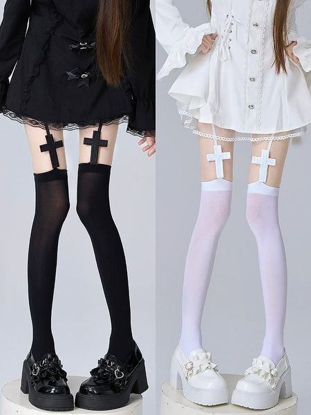 White/Black Cross Stockings Gothic Suspender FashionChic