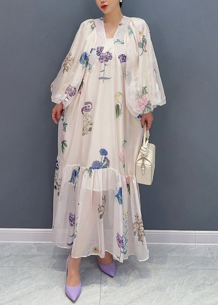 Bohemian White Print Chiffon Long Dresses Lantern Sleeve AR1027 JDML-240823