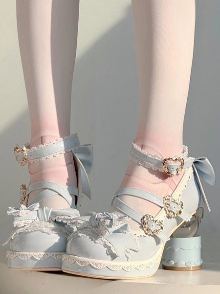 Shaped Romantic Heart Bow with Cake Sweet Mary Heel Lolita Shoes Blue in Platform Closure High-heel Jane FashionChic