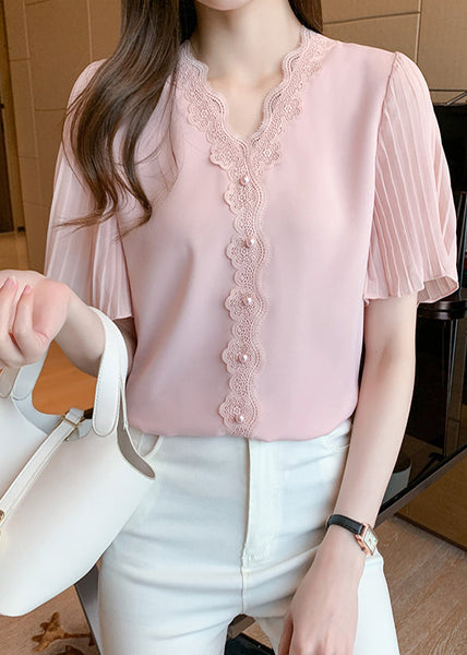 Patchwork Summer Chiffon Italian Nail Bead Shirt Top Lace Pink FashionChic