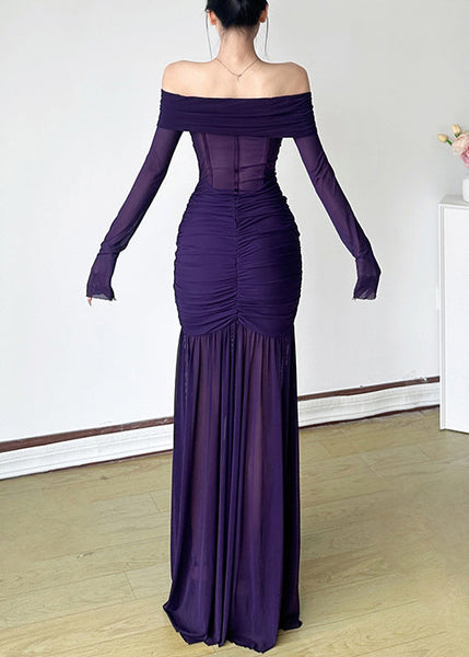 Slash Dresses Stylish Wrinkled Spring Neck Tulle Maxi Purple FashionChic