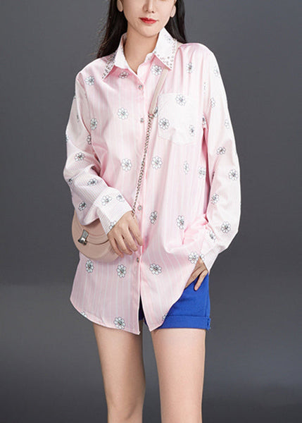 Art Pink Peter Pan Collar Print Cotton Shirt Fall AJ1006 JDML-240909