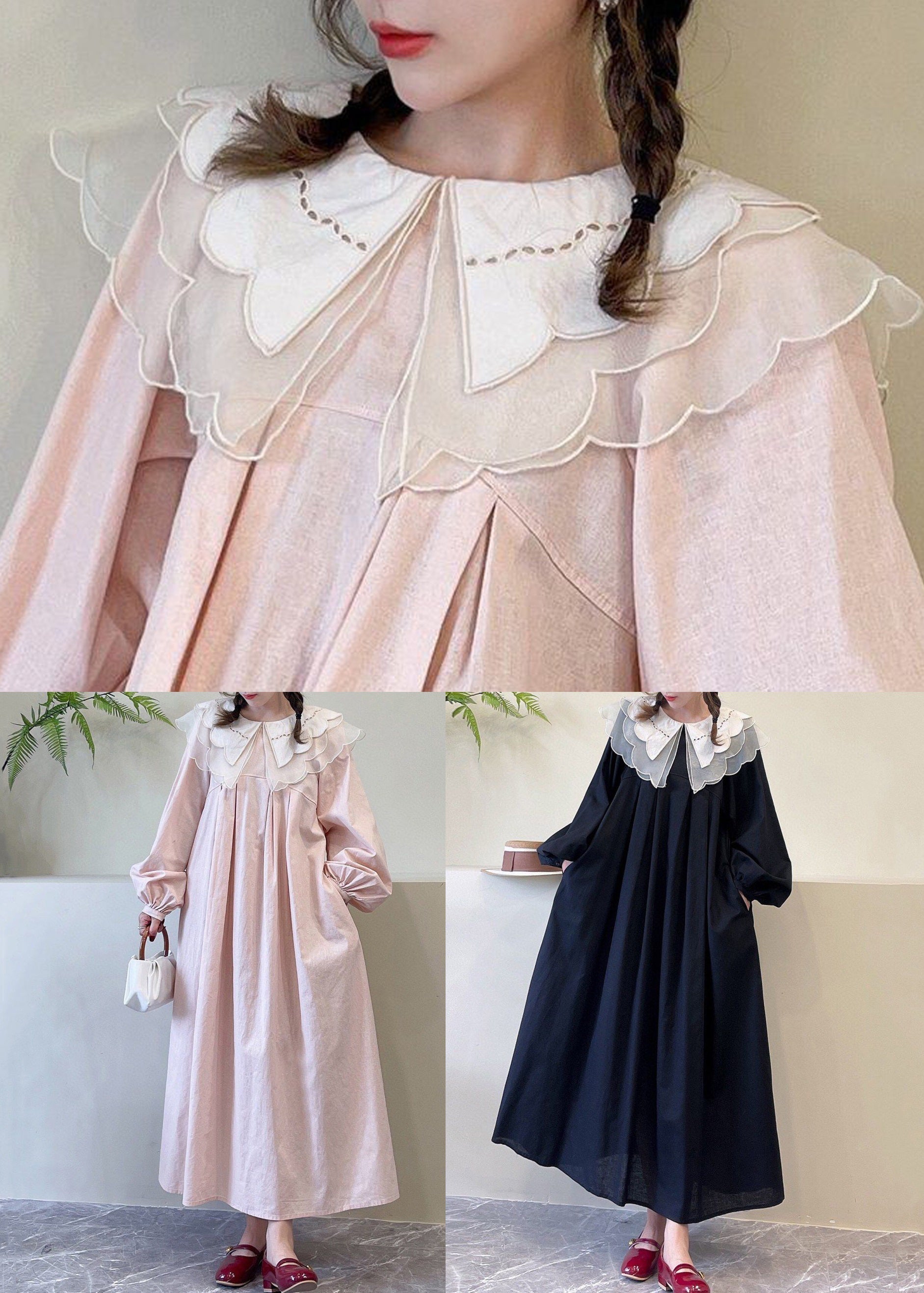 Black Pockets Cotton Dress Peter Pan Collar Long Sleeve NN043 shopify