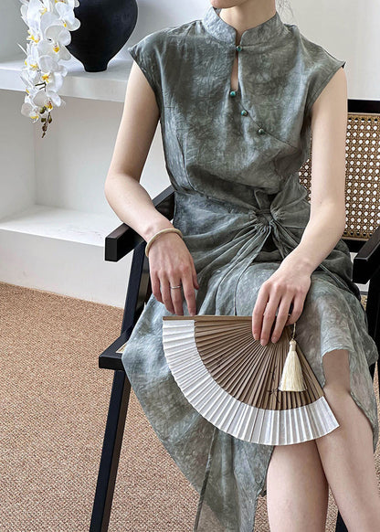 New Grey Button Lace Up Silk Cotton Long Dress Summer AF1012 HS-SDL240914