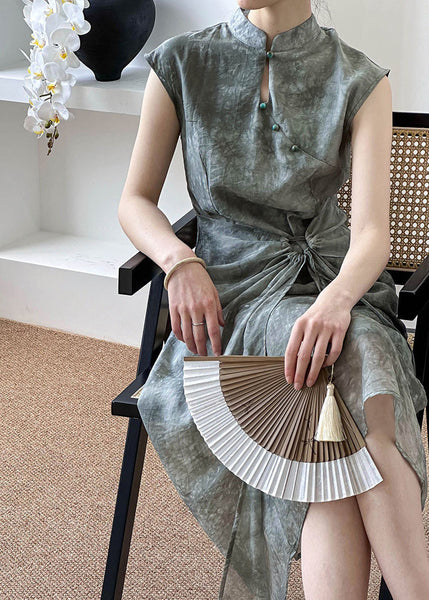 New Grey Button Lace Up Silk Cotton Long Dress Summer AF1012 HS-SDL240914