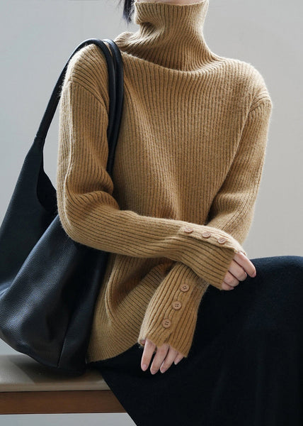 Boutique Camel Hign Neck Button Thick Knit Sweaters Fall AF1067 HS-NTP240914
