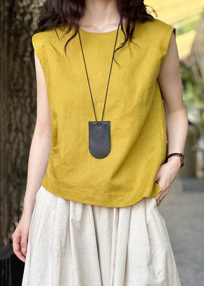 Simple Yellow O Neck Solid Linen Top Sleeveless AF1016 HS-STP240914