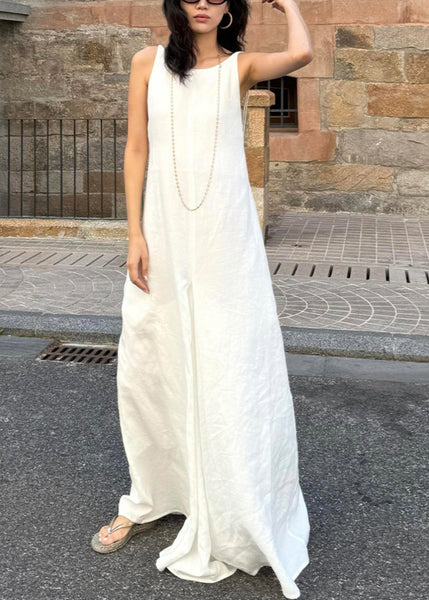 Simple Style White O Neck Cotton Long Dress Sleeveless EE051 shopify