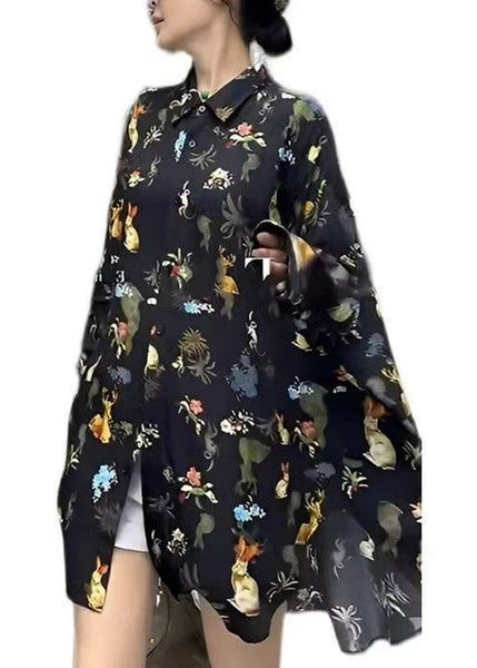Fashion Black Peter Pan Collar Print Button Chiffon Shirt Long Sleeve TT1043 shopify