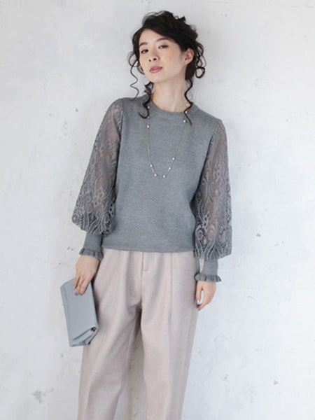 Tempermant Black Round-Neck Patchwork Hollow Lace Long Puff Sleeves Sweater QX011 shopify