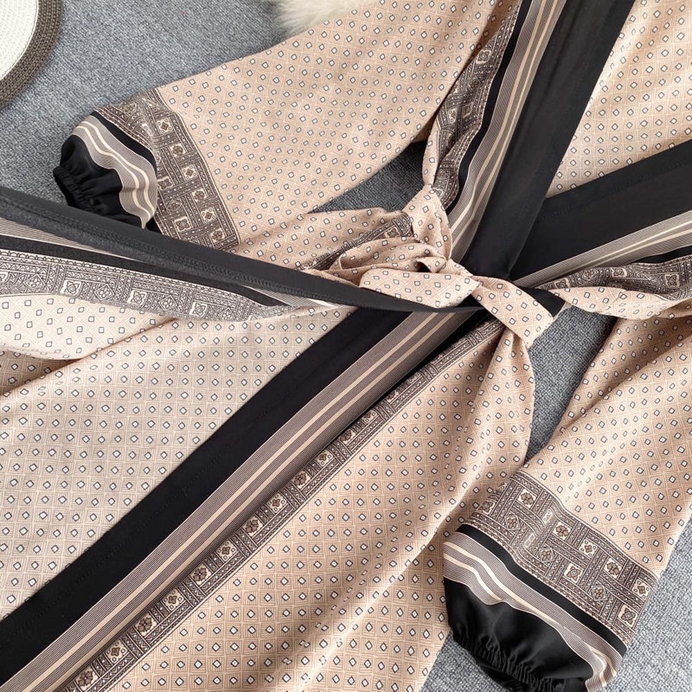 Vintage Brown V-neck Tie Waist Printed Long Puff Sleeve Dress AR1003 shopify