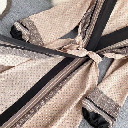 Vintage Brown V-neck Tie Waist Printed Long Puff Sleeve Dress AR1003 shopify