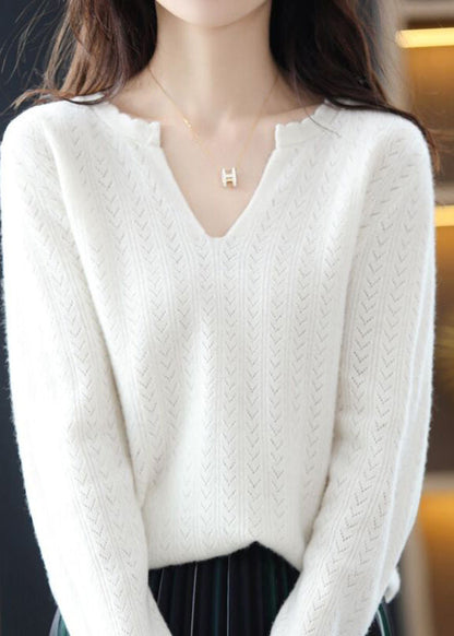 Simple White V Neck Ruffled Cotton Knit Sweaters Fall QP019 OL-NTP241001