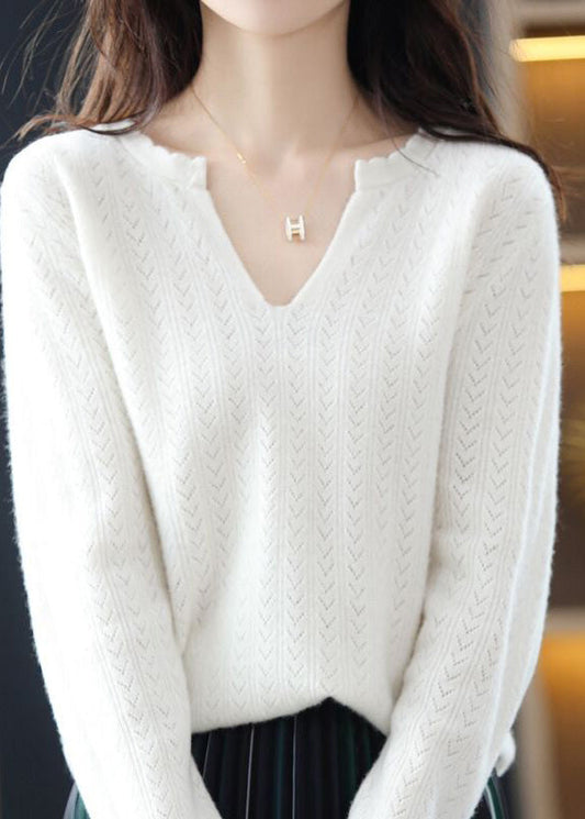 Simple White V Neck Ruffled Cotton Knit Sweaters Fall QP019 OL-NTP241001