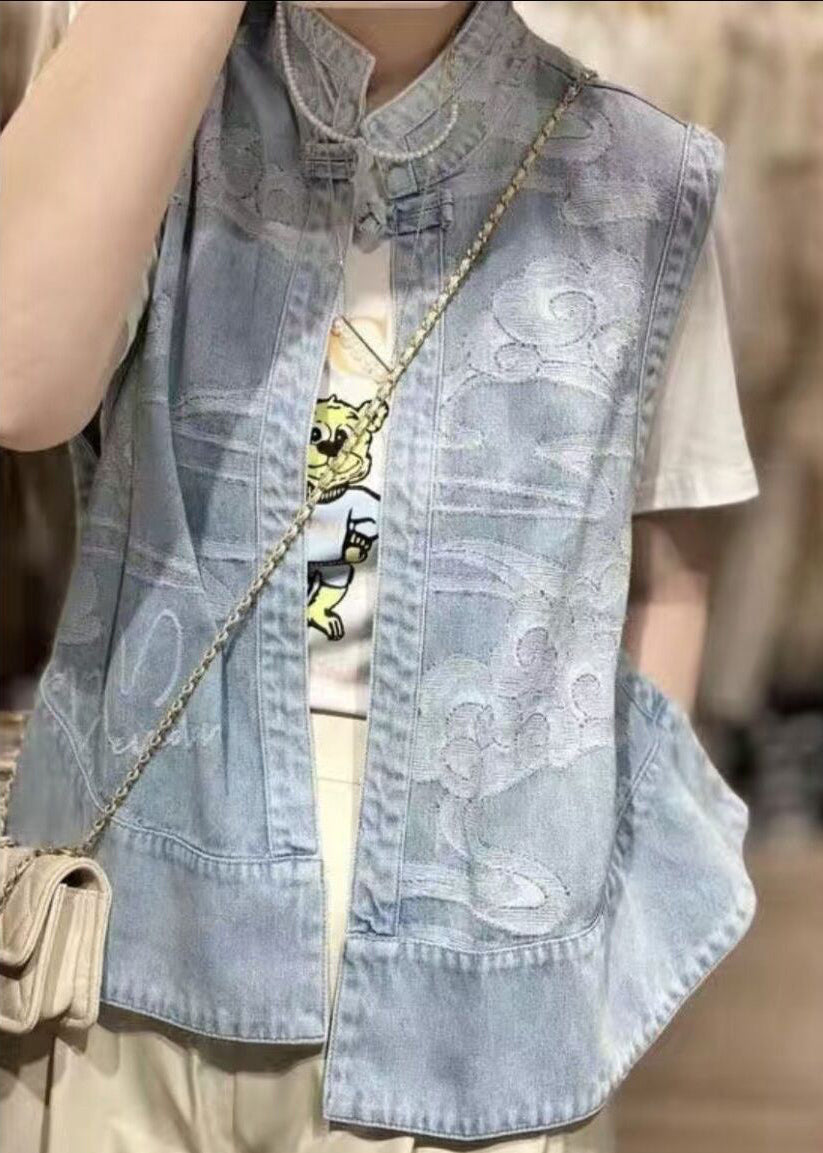 Chinese Style Blue Stand Collar Print Patchwork Low High Design Denim Waistcoat Summer NN035 shopify