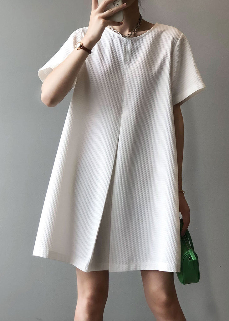 White Simple Cotton Mid Dresses O Neck Summer AF1063 HS-SDM240914