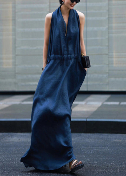 New Light Linen Solid Dresses Blue Robe Waist Tie Pockets FashionChic