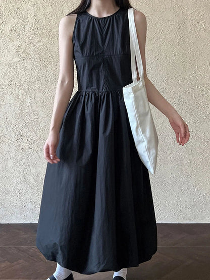 Patchwork O-neck Dress Simple Sleeveless Blue Puff Hem FashionChic