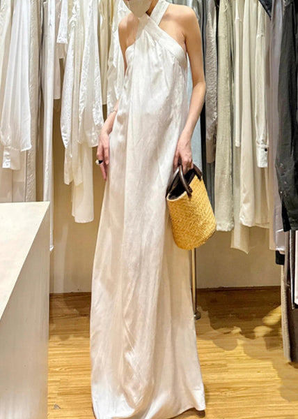 New White Cold Shoulder Solid Cotton Maxi Dresses Sleeveless EE011 shopify