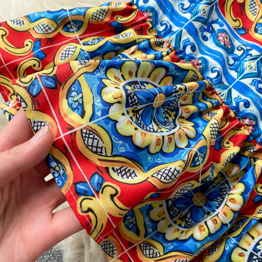 Retro Blue Square Neck Contrast Color Print Bow Decor Strap Ruffled Hem Dress AR1024 shopify