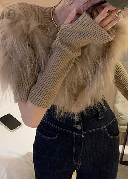 Art Khaki Leather And Fur Patchwork Knit Sweaters Winter QC014 shopify