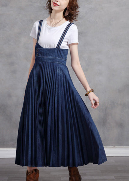 Stylish Blue Patchwork Spaghetti Strap Pleated Denim Dress Summer NN014 shopify