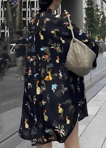 Fashion Black Peter Pan Collar Print Button Chiffon Shirt Long Sleeve TT1043 shopify