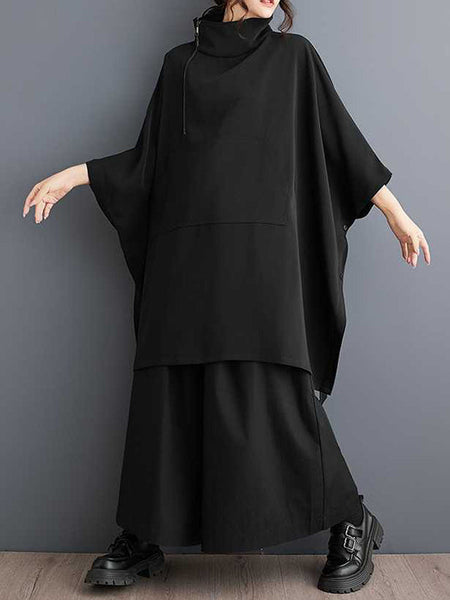 Simple Loose Black Mock Neck With Zipper Buttoned Pockets Batwing Sleeves Sweatshirt WS016 shopify