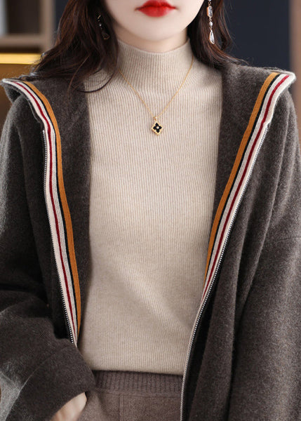 Unique Beige Zippered Patchwork Cozy Woolen Hoodie Cardigans Winter WV020 ABC