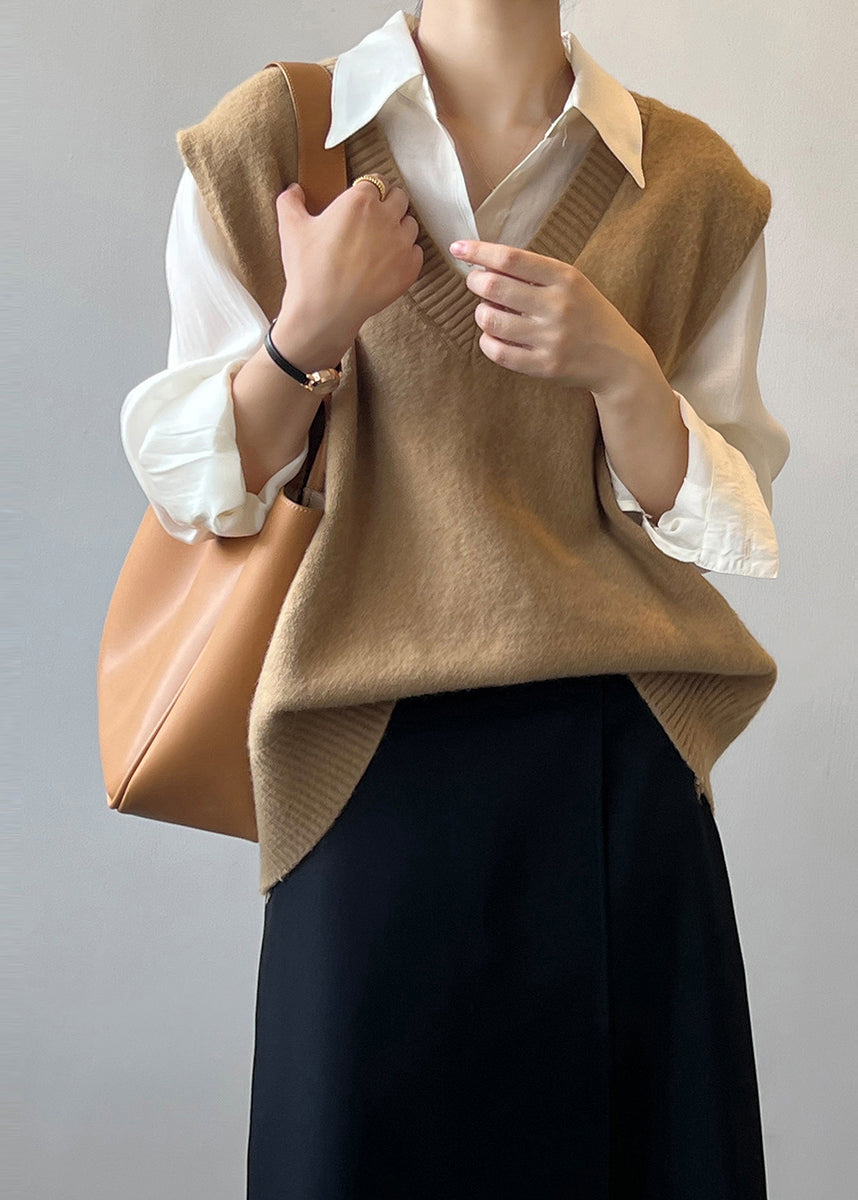 Simple Versatile Khaki V Neck Knit Vest Sleeveless AF1064 HS-VTP240914