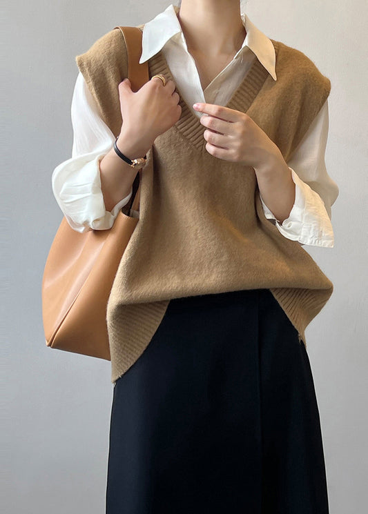 Simple Versatile Khaki V Neck Knit Vest Sleeveless AF1064 HS-VTP240914
