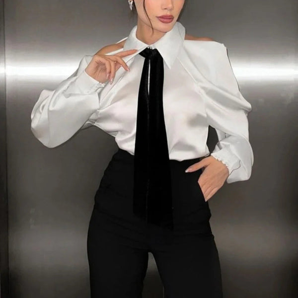 Satin Off Tie Top Sleeve Party Long Shoulder Lapel White with FashionChic