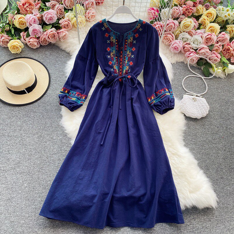 Ethnic Yellow Crew-neck Embroidery Raglan Long Puff Sleeve A-line Dress AR1006 shopify