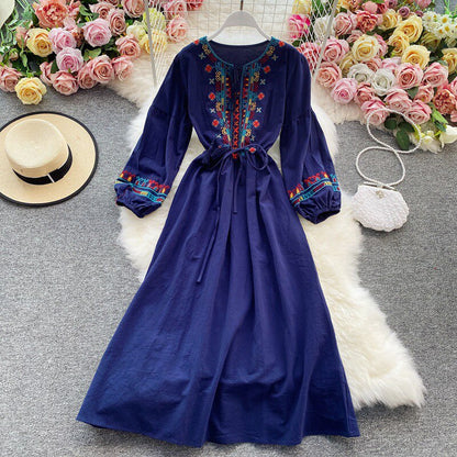 Ethnic Yellow Crew-neck Embroidery Raglan Long Puff Sleeve A-line Dress AR1006 shopify