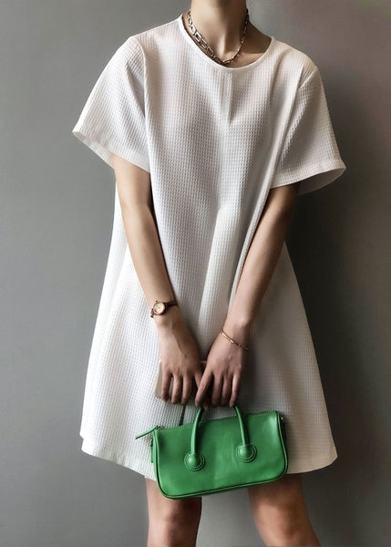 White Simple Cotton Mid Dresses O Neck Summer AF1063 HS-SDM240914