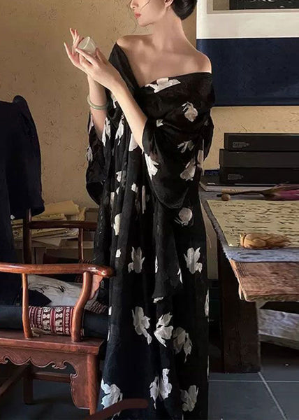 Stylish Black V Neck Print Chiffon Long Dress Half Sleeve QP027 OL-SDL241001