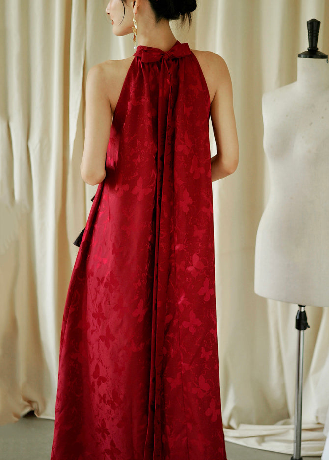 Cotton Sleeveless Jacquard Bow Maxi Red Loose Dresses FashionChic