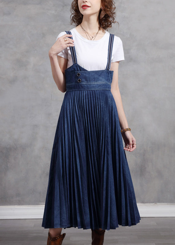 Stylish Blue Patchwork Spaghetti Strap Pleated Denim Dress Summer NN014 shopify