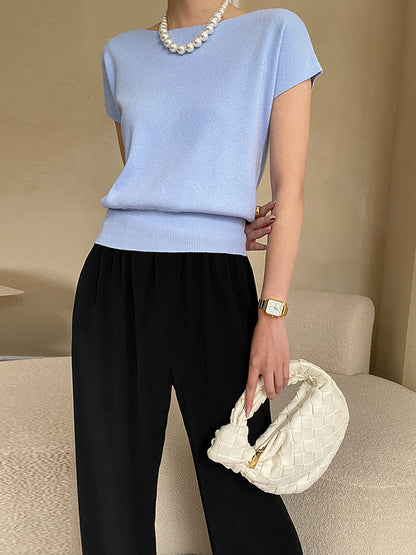 Pink Sleeve Top Short Knit Boat Loose Neck Stylish FashionChic