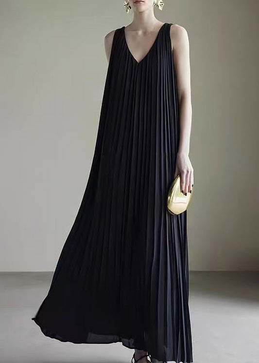Wrinkled Summer Neck Chiffon Dresses V Long Pockets Black FashionChic