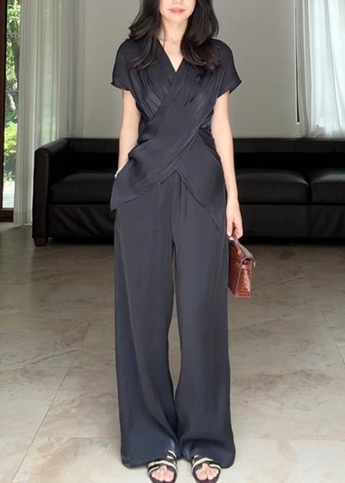 Loose Black Asymmetrical Wrinkled Silk Two Pieces Set Summer EE025 shopify