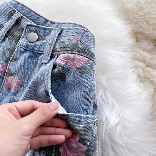 Women Blue Rose Print Wide Leg Denim Pants AR1016 shopify