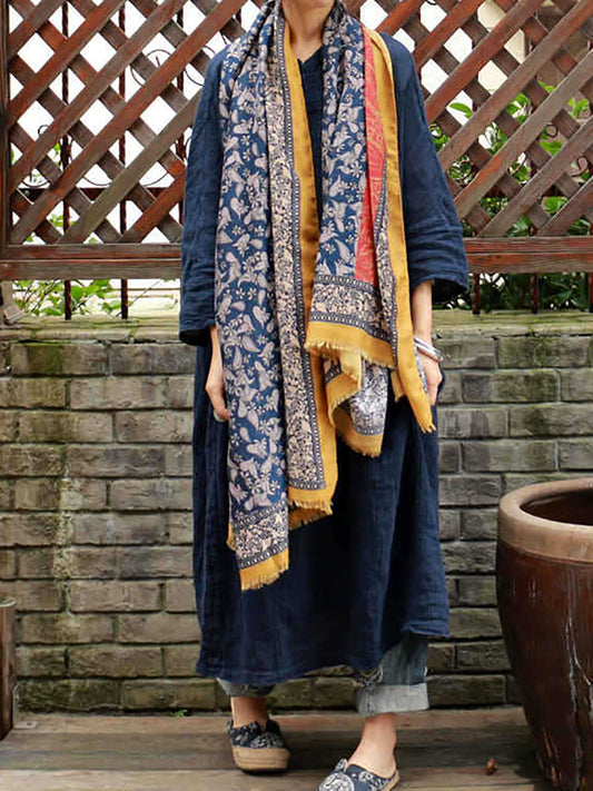 Women Vintage Floral Colorblock Raw-edge Shawl Scarf AT1088 JSHY