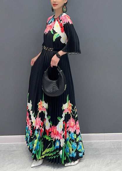 Classy Black O-Neck Print Flattering Maxi Dresses Half Sleeve AO1039 JDML-SDL240909