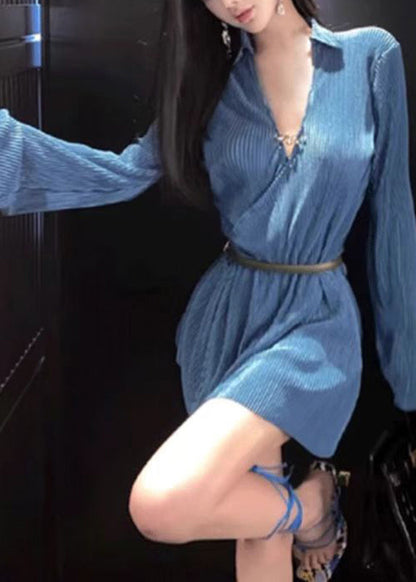 Slim Fit Blue V Neck Sashes Party Mid Dress Long Sleeve AN1014 Genistyle Shop